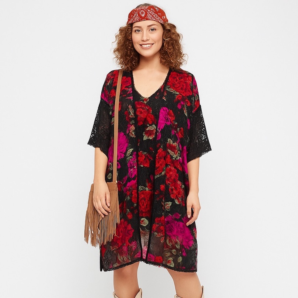 Vintage 90s Boho Hippie Black & Pink/Purple Floral Slip Dress & Robe Kimono‎ Set